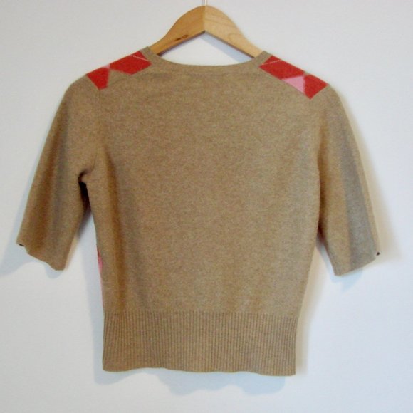 Cashmere Argyle V-neck Short Sleeve Sweater Beige Pink Size PS Petite Small - Picture 8 of 14